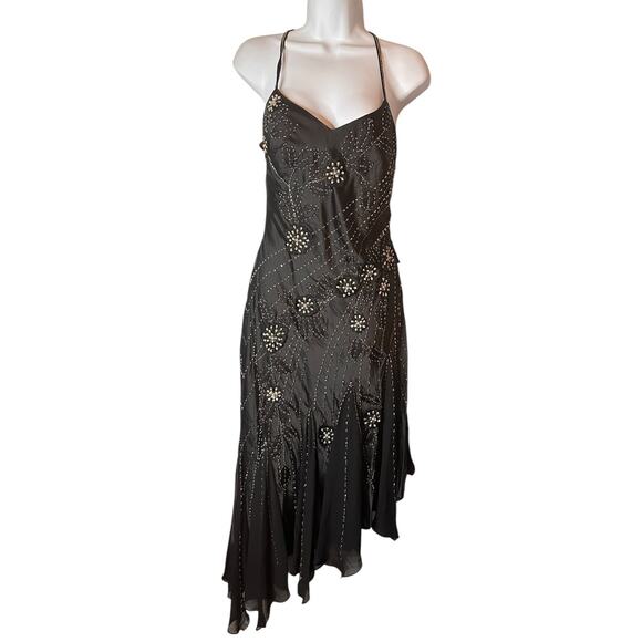 NWT Black Beaded Back Crisscross Straps Asymmetric Hem Whimsigoth Y2K Slip Dress - Picture 1 of 11